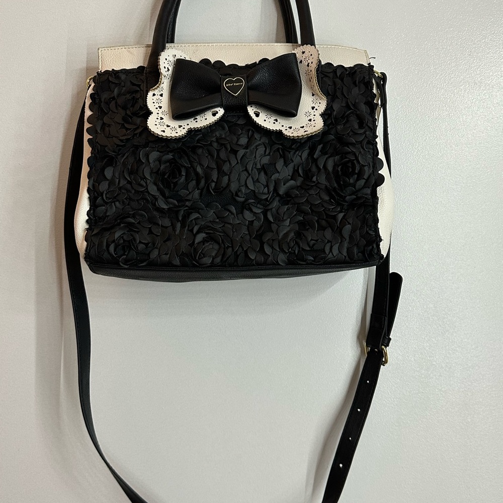 Betsey Johnson Black & White Floral Bow Satchel